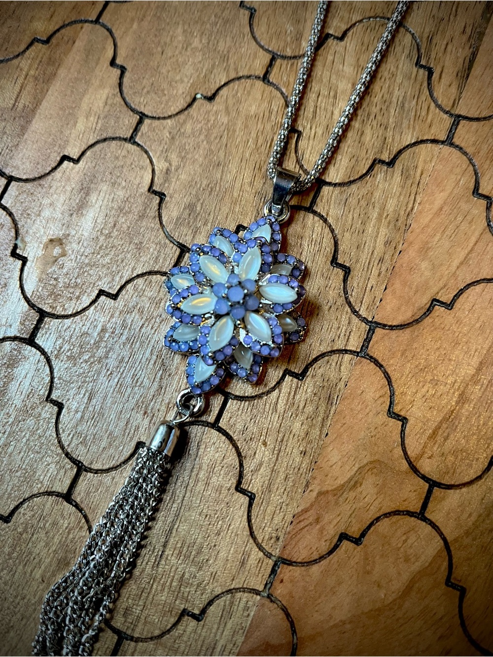 Silver tone Necklace with Lavender and Opalescent Flower Pendant